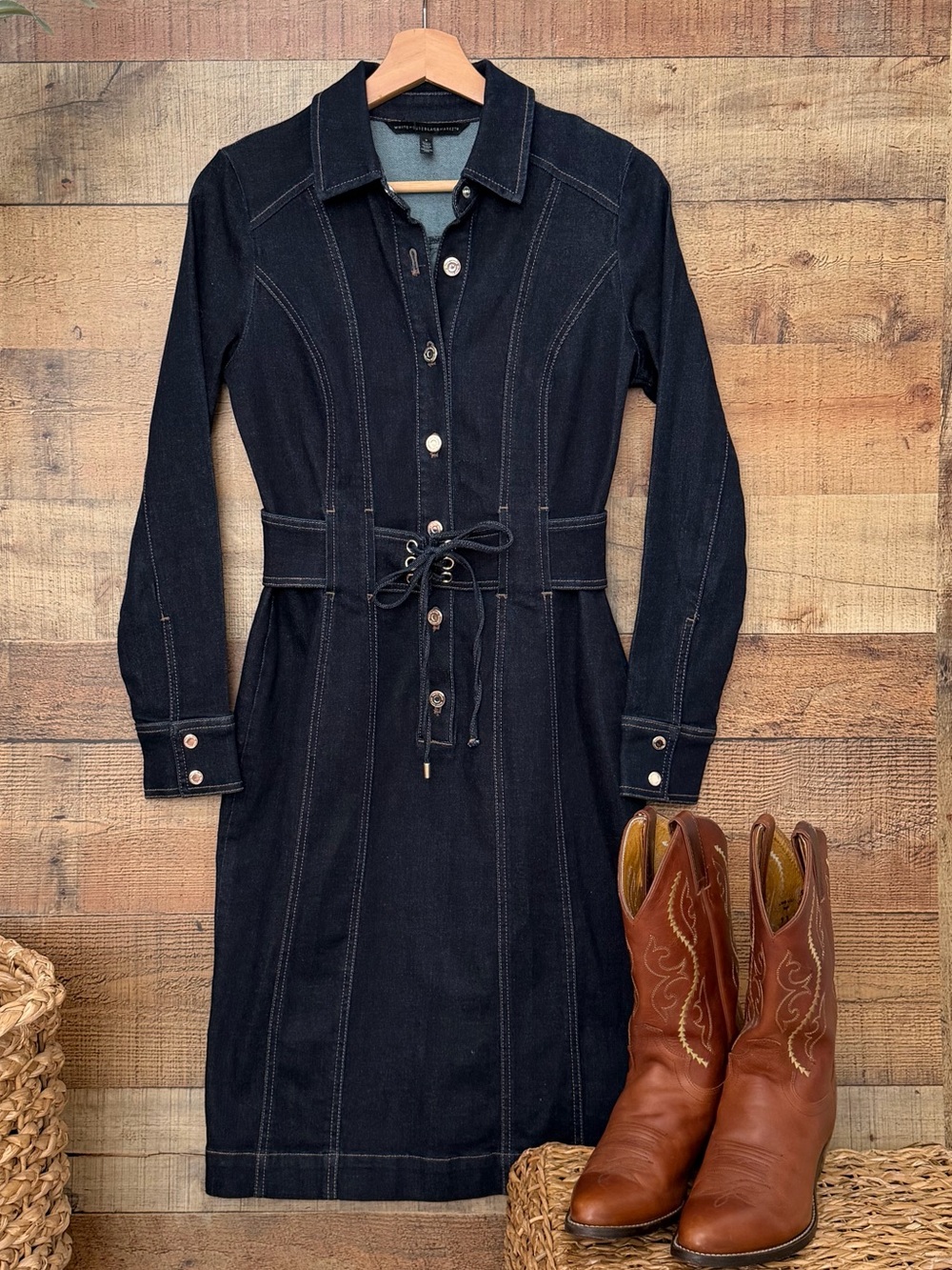 WHBM Denim Dress with Corset Style Lace-Up Waist
